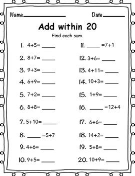 adding within 20 worksheet|add within 20 worksheet printable.